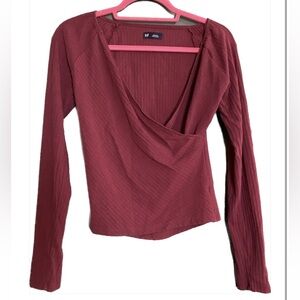 GAP- y2k style garnet red surplice ribbed long sleeve wrap top cotton blend